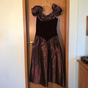 Burgundy velvet and taffeta formal prom dress